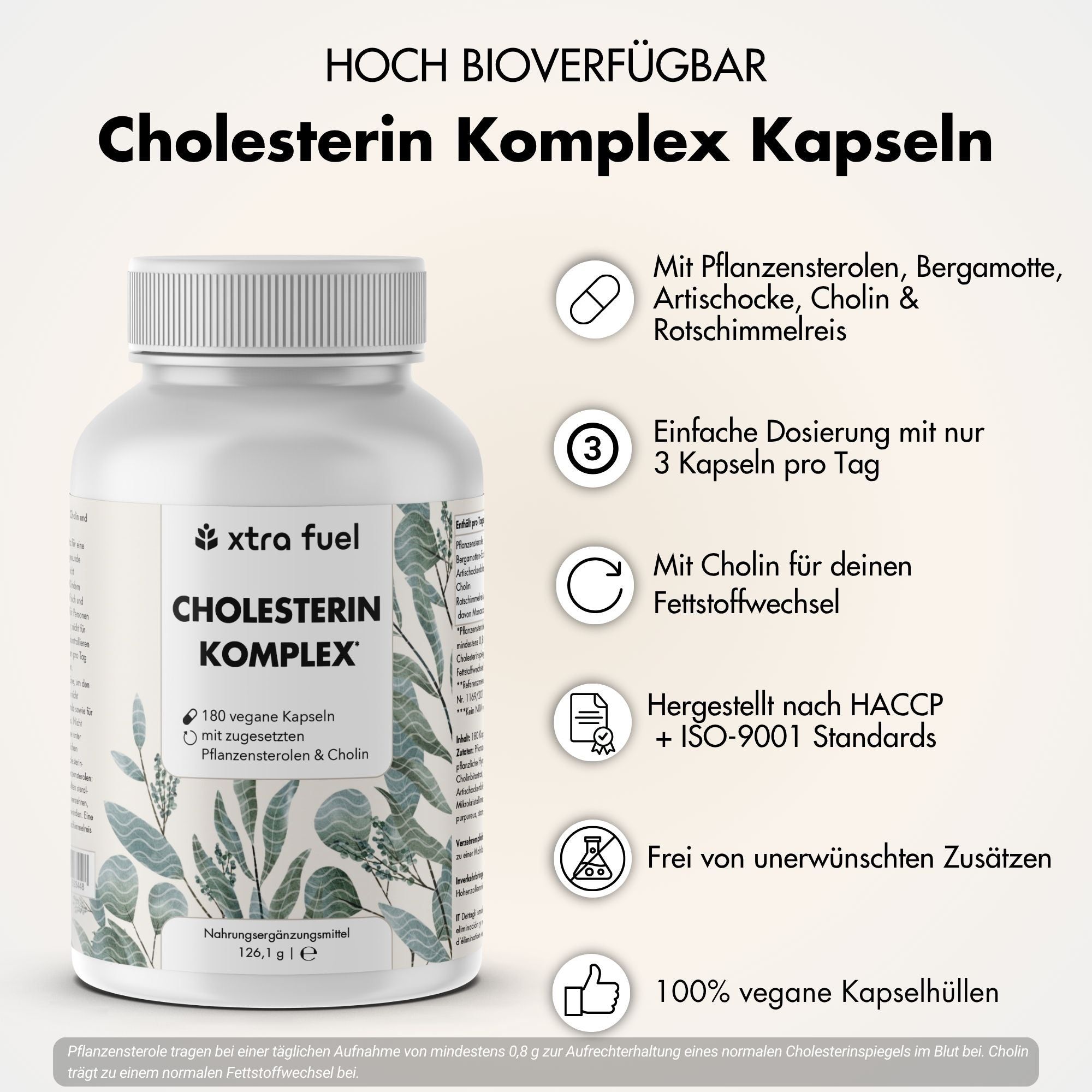Flasche XTRA FUEL Cholesterin Komplex, 180 vegane Kapseln mit Pflanzensterolen & Cholin. Hoch bioverfügbar.