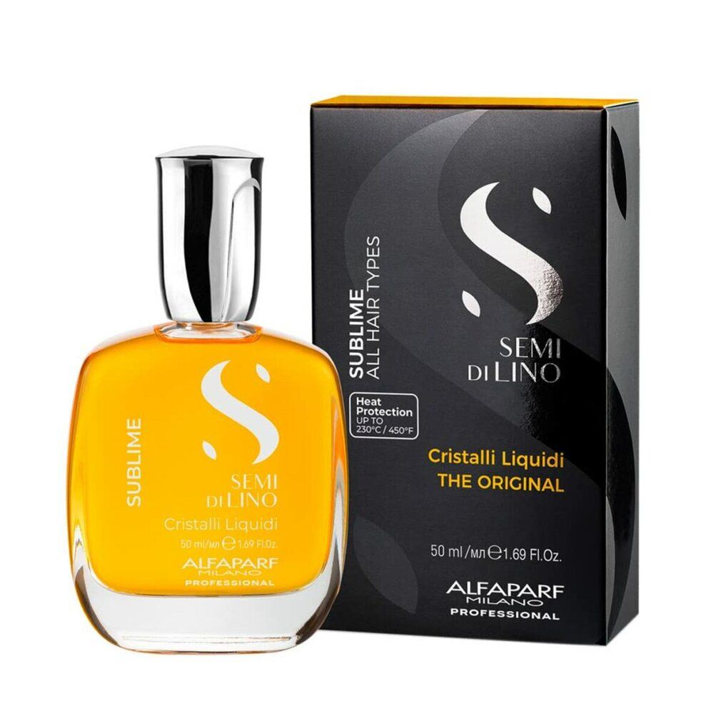 Glasflasche mit gelber Flüssigkeit und schwarze Verpackung. Silberner Verschluss. Aufschrift: Sublime, Semi Di Lino, Cristalli Liquidi, Alfaparf Milano.