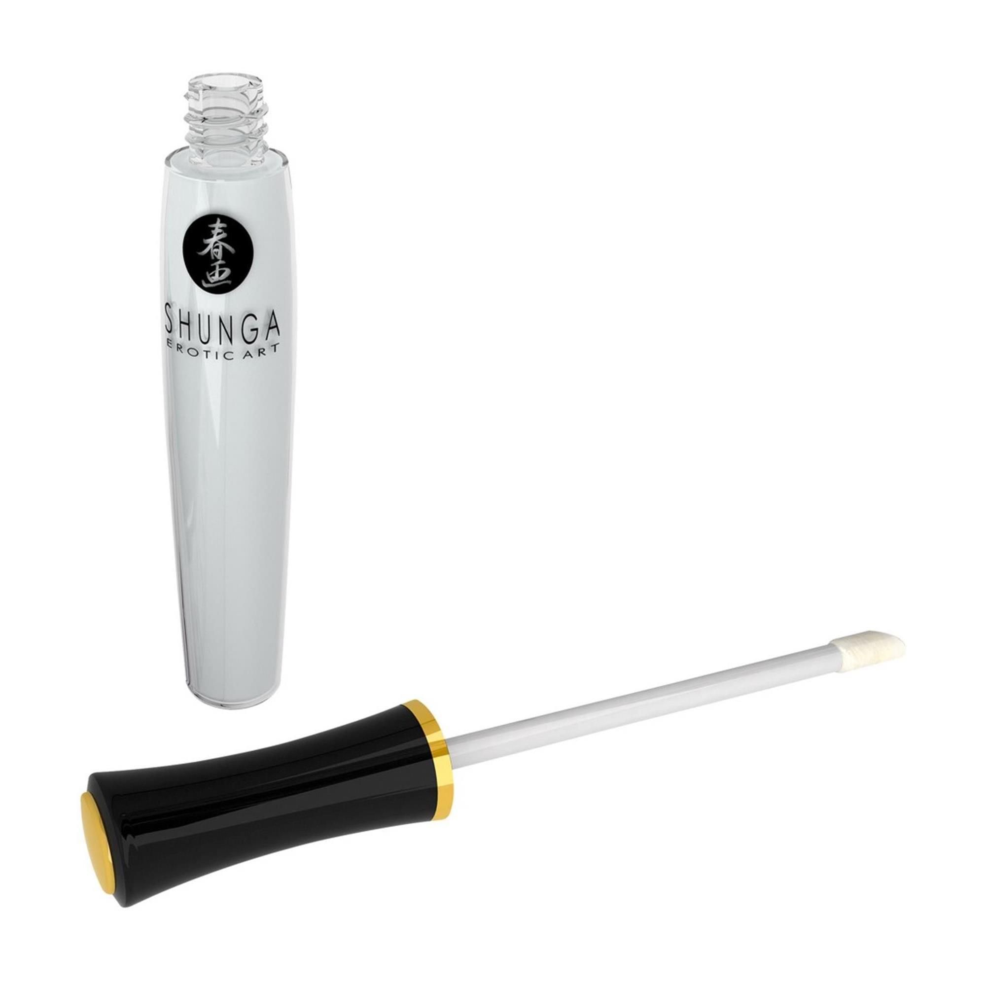 Transparente Flasche mit Applikator. Aufschrift: Shunga Exotic Art. Schwarzer Deckel mit goldenem Rand.