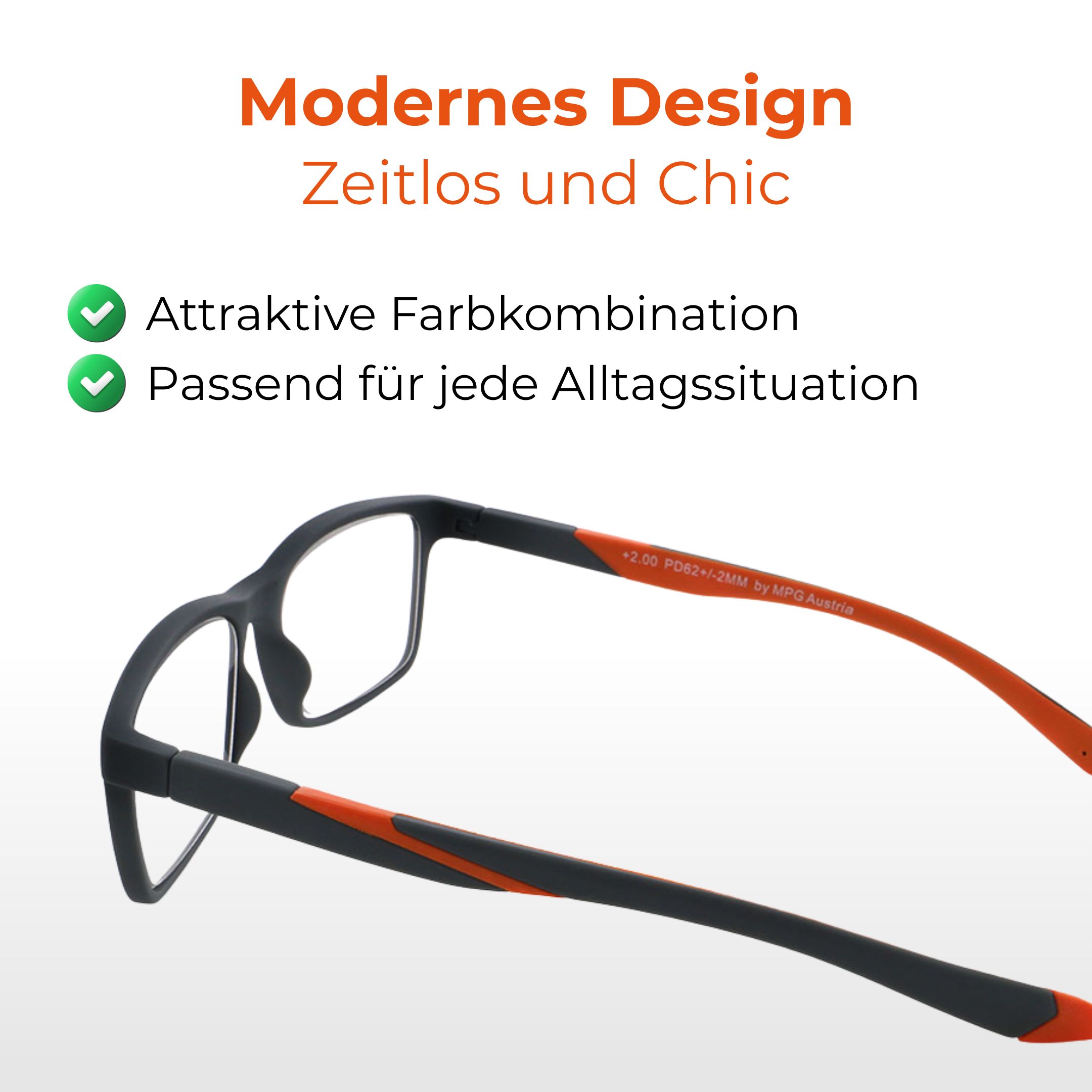 Brille mit schwarzem Rahmen und orangefarbenen Bügeln. Text: Modernes Design, zeitlos und schick, attraktive Farbkombination, passend für jede Alltagssituation. MPG by Avante.