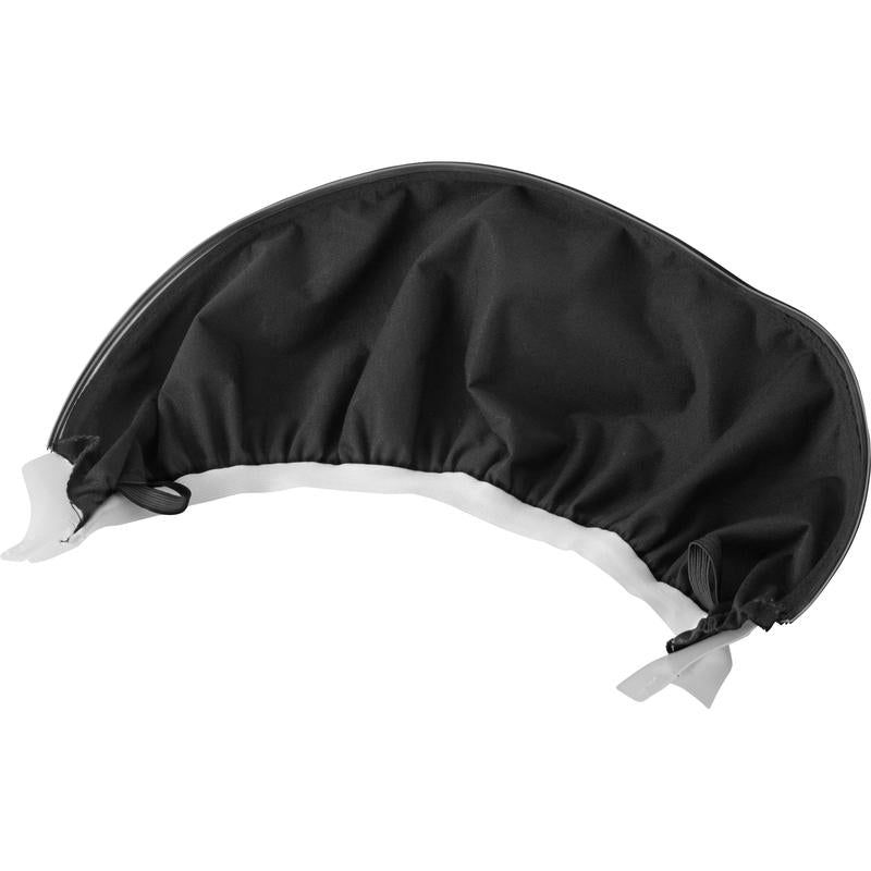 Schwarze, gewölbte Gesichtsabdichtung mit weißem Rand. Sie hat eine runde Form und Bänder an den Enden.