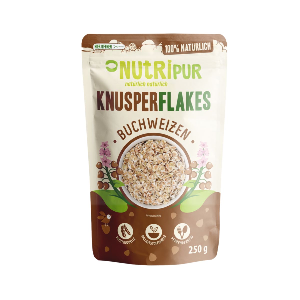 Beutel mit Knusperflakes. Aufschrift: NutriPur, Knusperflakes, Buchweizen. 100% natürlich. 250g. Proteinquelle, Ballaststoffquelle, vegetarisch.