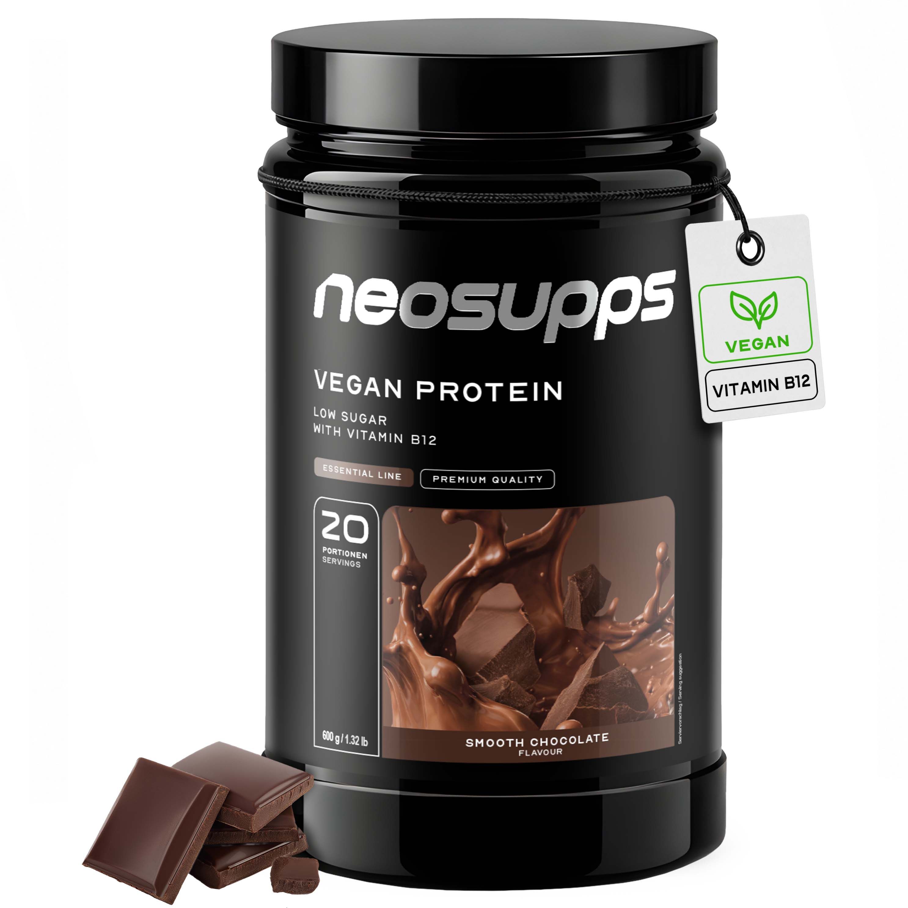 Schwarzer Behälter mit Neosupps Vegan Protein, Geschmacksrichtung Smooth Chocolate.