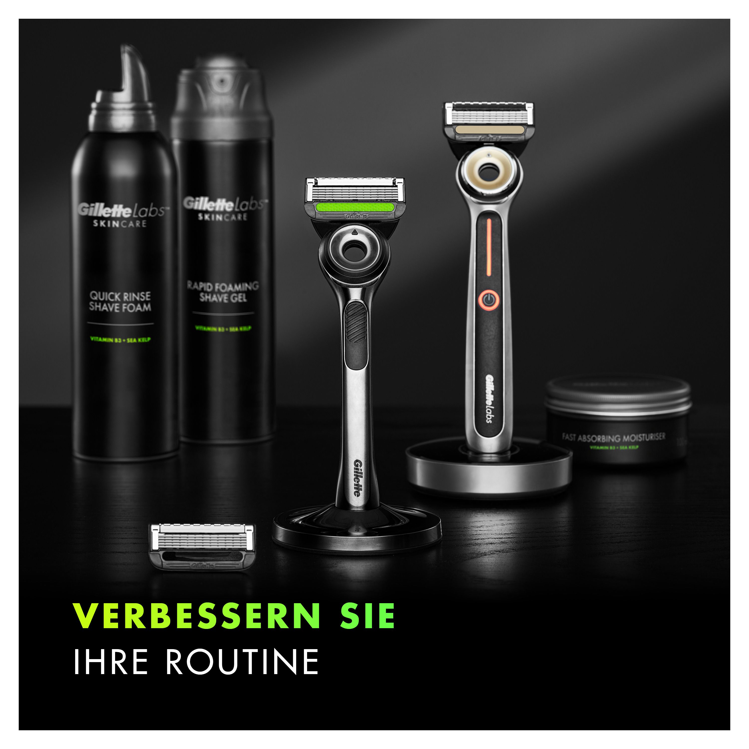 Rasierer, Rasiergel, Schaum, Feuchtigkeitscreme. Text: "Verbessern Sie Ihre Routine".