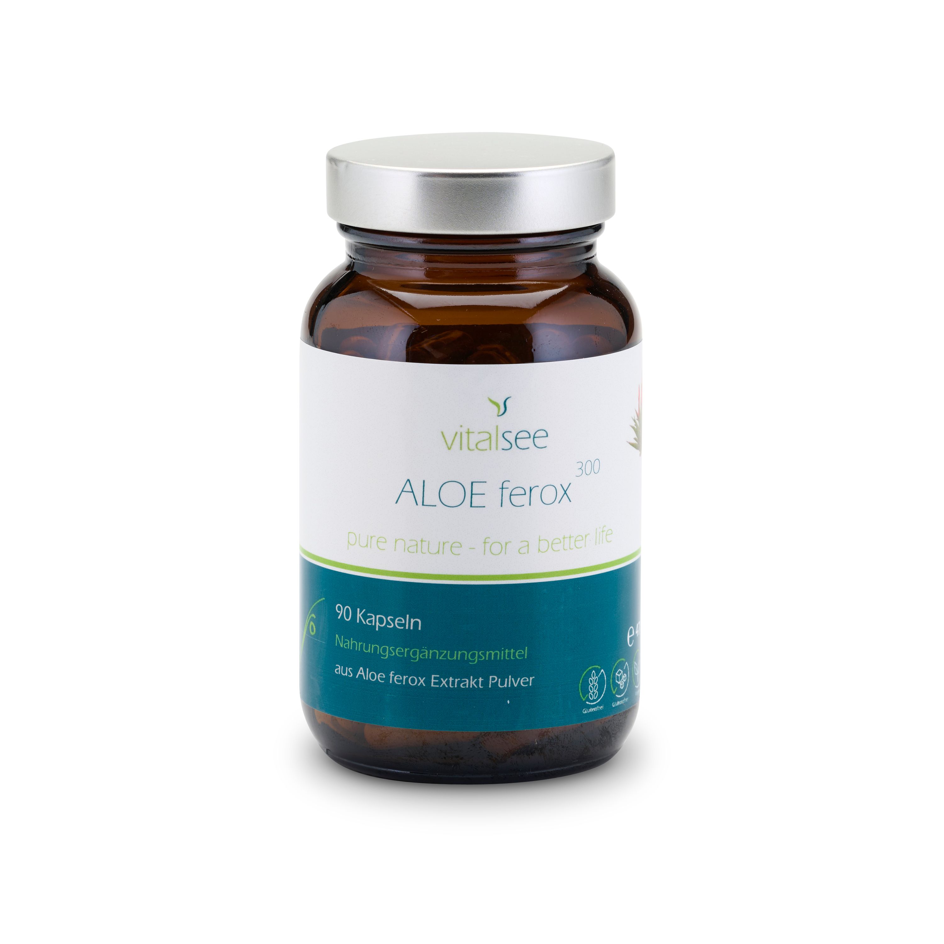 Braune Glasflasche mit silbernem Deckel. Etikett mit "Vitalsee ALOE ferox 300 Extrakt". 90 Kapseln. Nahrungsergänzungsmittel.