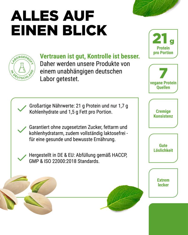 Vit4ever-Produktinformationen. Text: Alles auf einen Blick. 21g Protein pro Portion. 7 vegane Proteinquellen. Laborgeprüft in Deutschland.