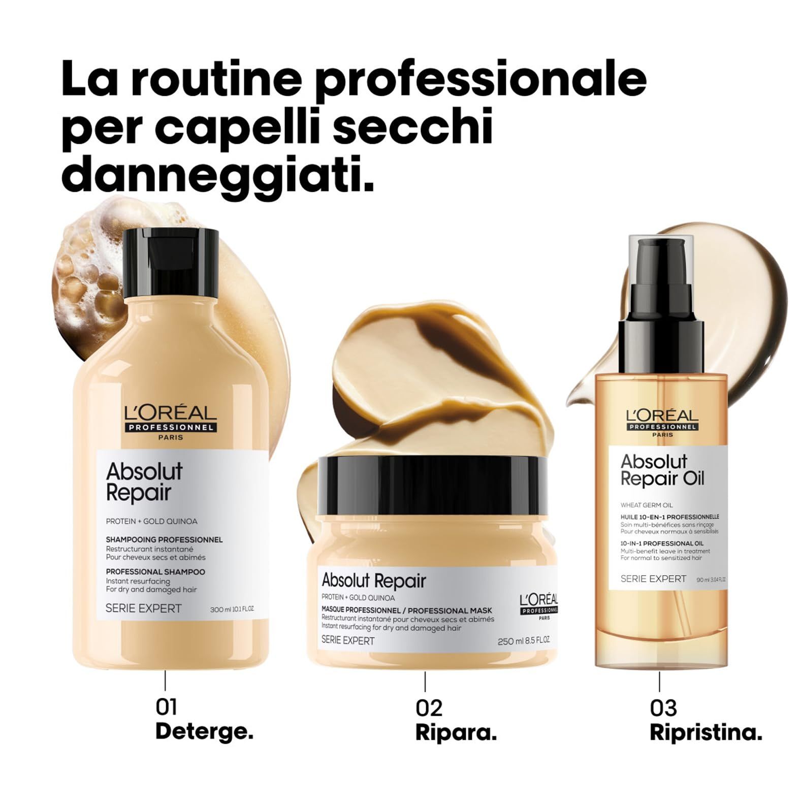 Drei L'Oréal Professionnel Absolut Repair Produkte: Shampoo, Maske, Öl. Text und Verpackung.