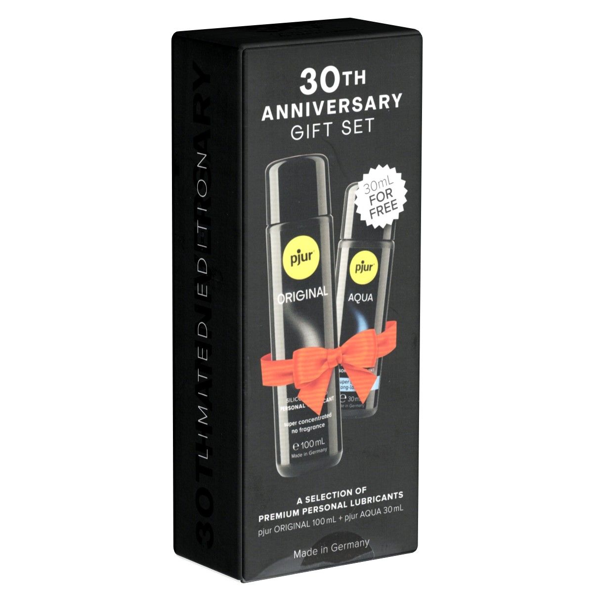 Schwarze Geschenkbox mit zwei Flaschen. Aufschrift: 30th Anniversary Gift Set. Produkte: pjur ORIGINAL und AQUA.