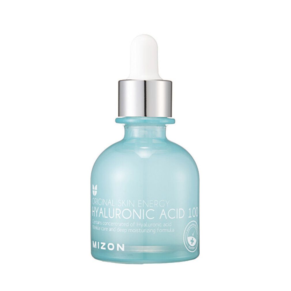 Hellblaue Flasche mit silbernem Deckel und Pipette. Aufschrift: Original Skin Energy Hyaluronic Acid 100. Marke Mizon.