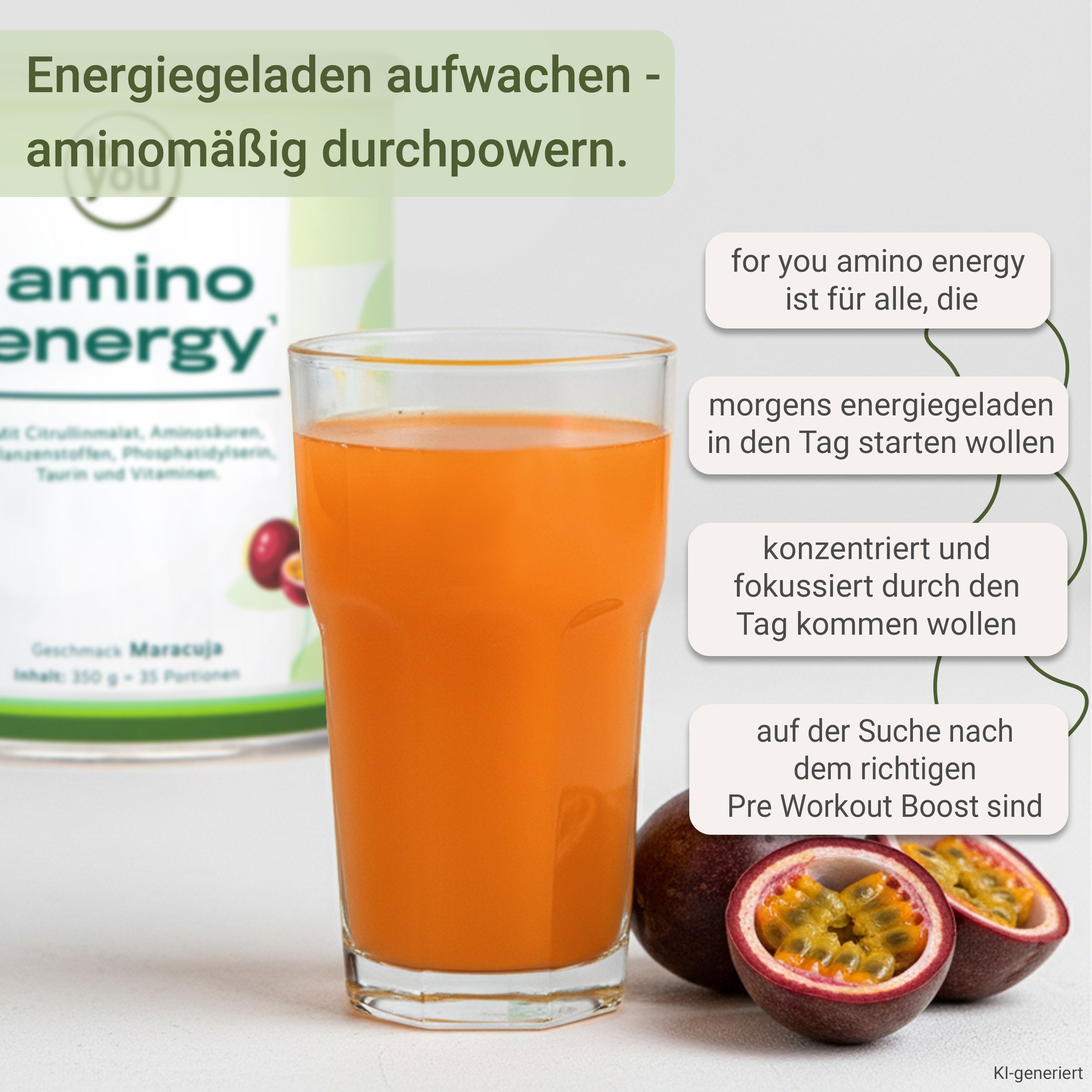 Glas mit orangefarbenem Getränk, daneben eine Dose 'amino energy' und Passionsfrüchte.