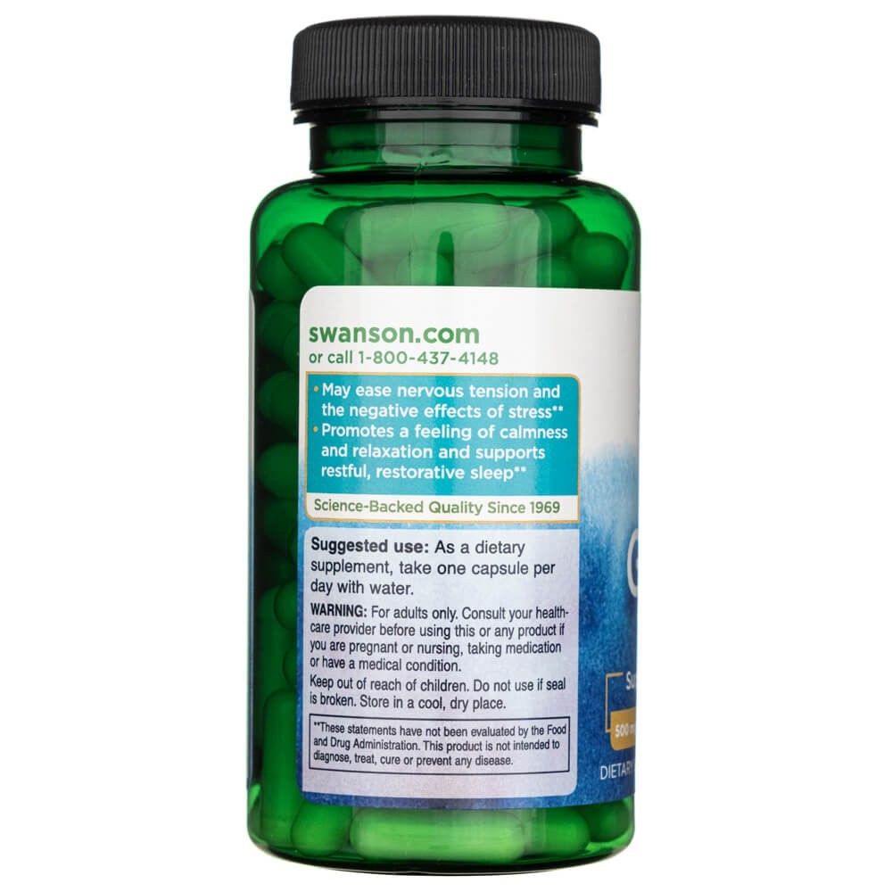 Rückseite einer grünen Flasche mit Swanson GABA 500 mg, Produktvorteilen und Anwendung.