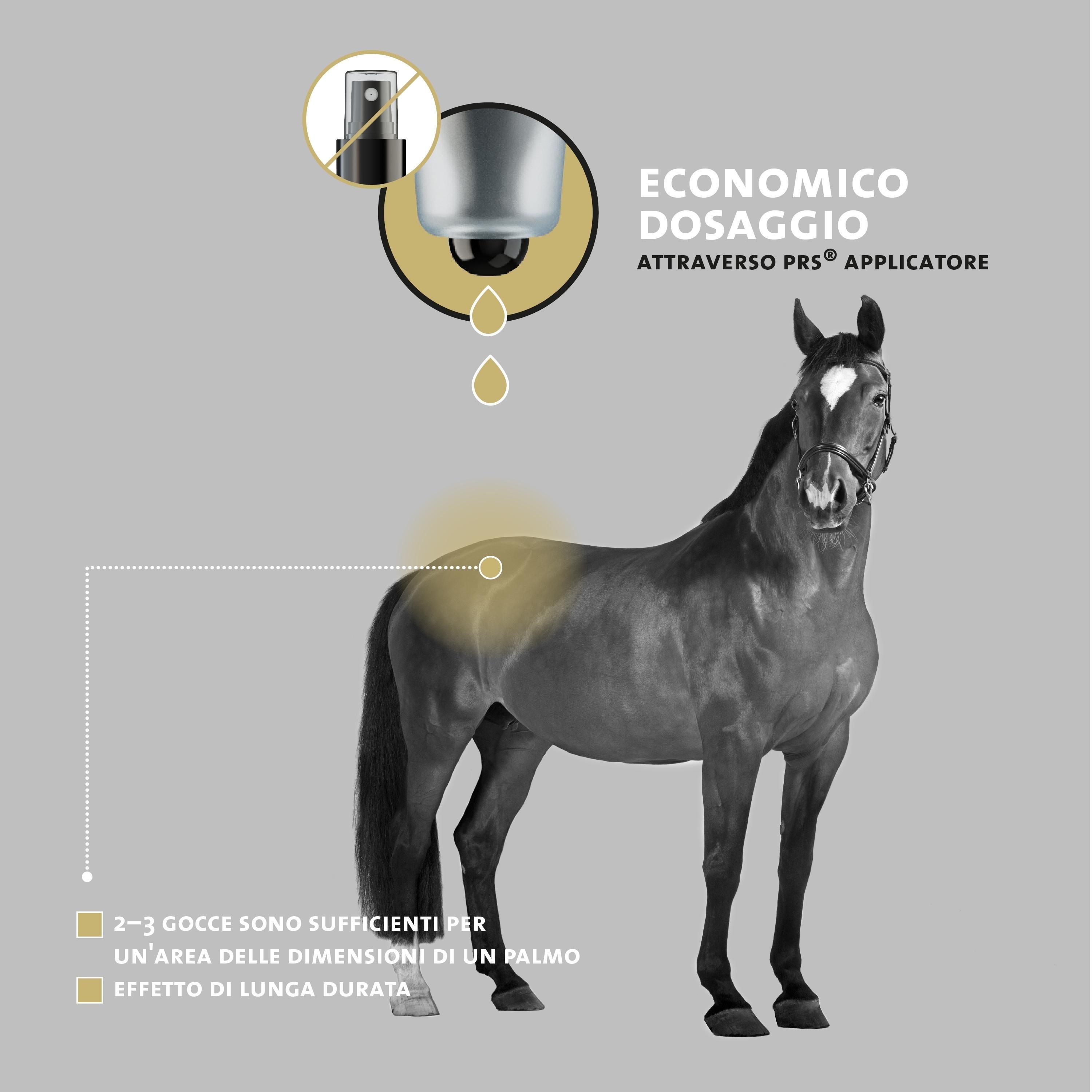 Pferd in Seitenansicht. Text: Sparsame Dosierung durch PRS-Tropf-Applikator. 2-3 Tropfen genügen für eine handflächengroße Stelle.