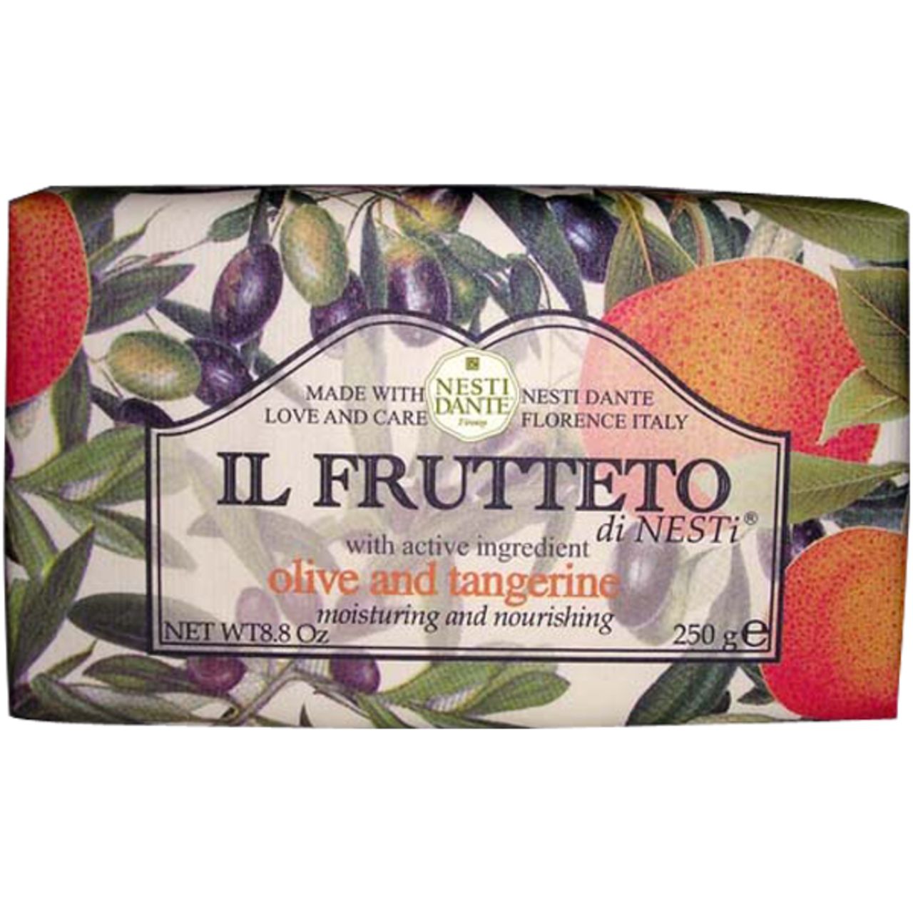 Seife mit Verpackung. Aufschrift: Il Frutteto di Nesti, Olive und Mandarine. Gewicht: 250 g.