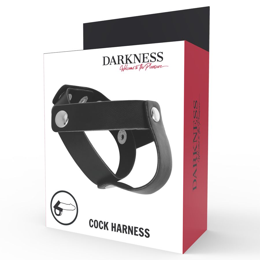 Produktverpackung mit Lederring. Marke: Darkness. Text: Cock Harness.