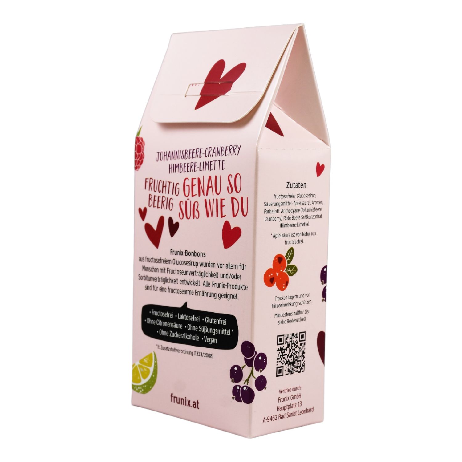 Bonbon-Verpackung mit Aufschrift: Johannisbeere-Cranberry Himbeere-Limette. Text: Fruchtig genau so beerig süß wie du.