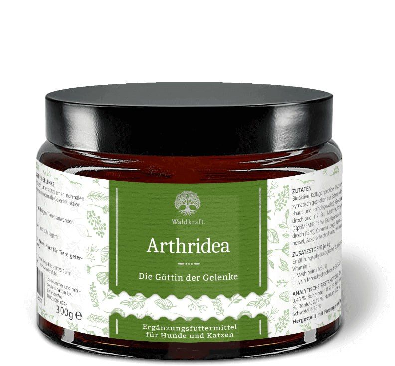 Braunes Glas mit schwarzem Deckel. Auf grünem Etikett steht "Arthridea - Die Göttin der Gelenke". Ergänzungsfuttermittel für Hunde und Katzen.