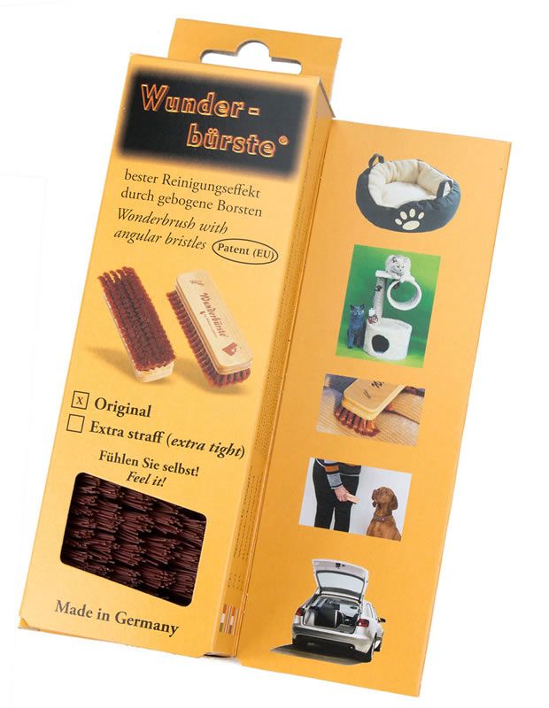 Produktverpackung mit zwei Bürsten. Aufschrift: Wunderbürste, bester Reinigungseffekt. Gezeigt: Original und Extra straff. Made in Germany.