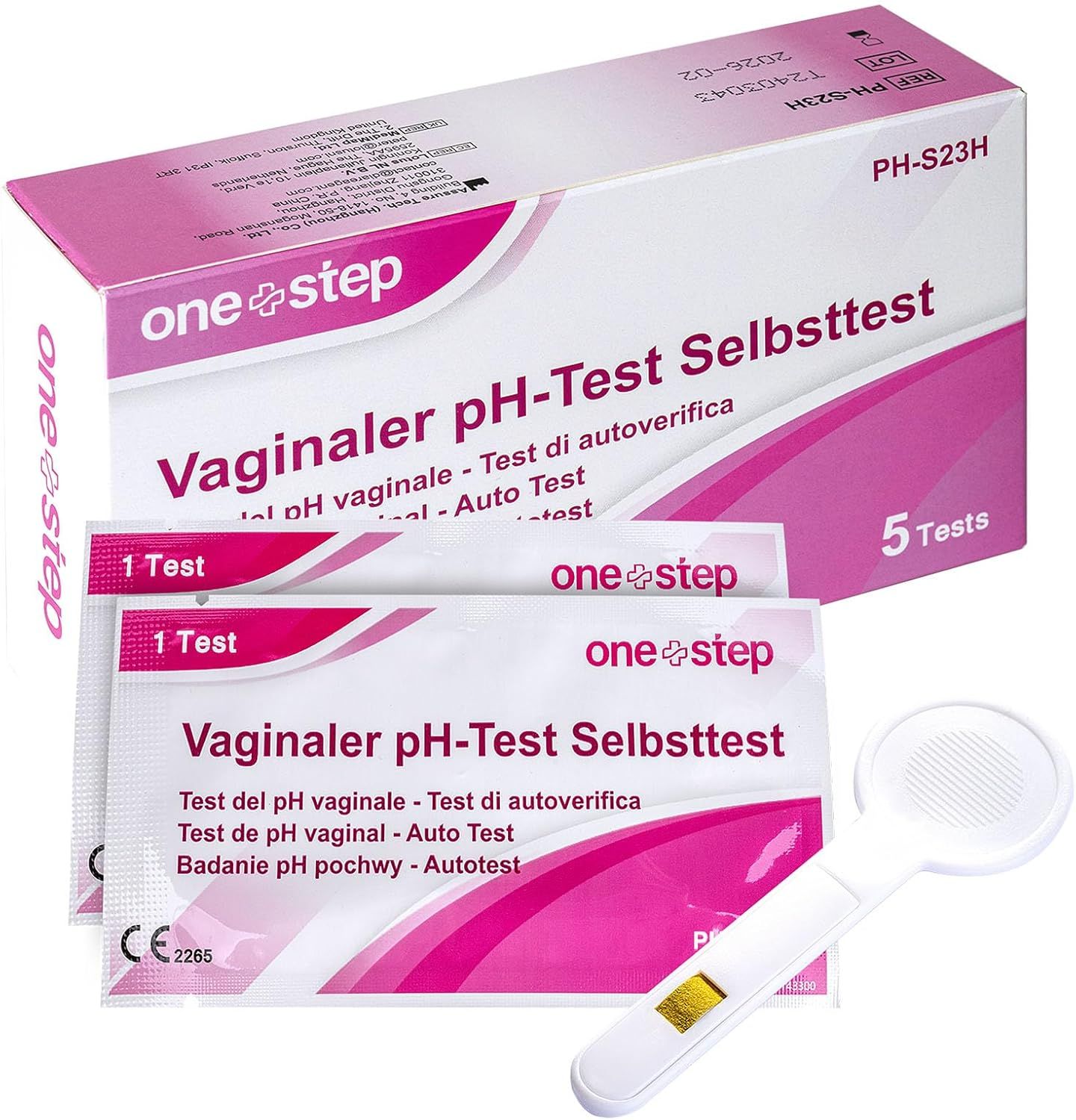 Verpackung von One+Step Vaginaler pH-Test. Enthält Teststreifen, einen Applikator und eine Referenzfarbkarte. Aufschrift: Vaginaler pH-Test Selbsttest.