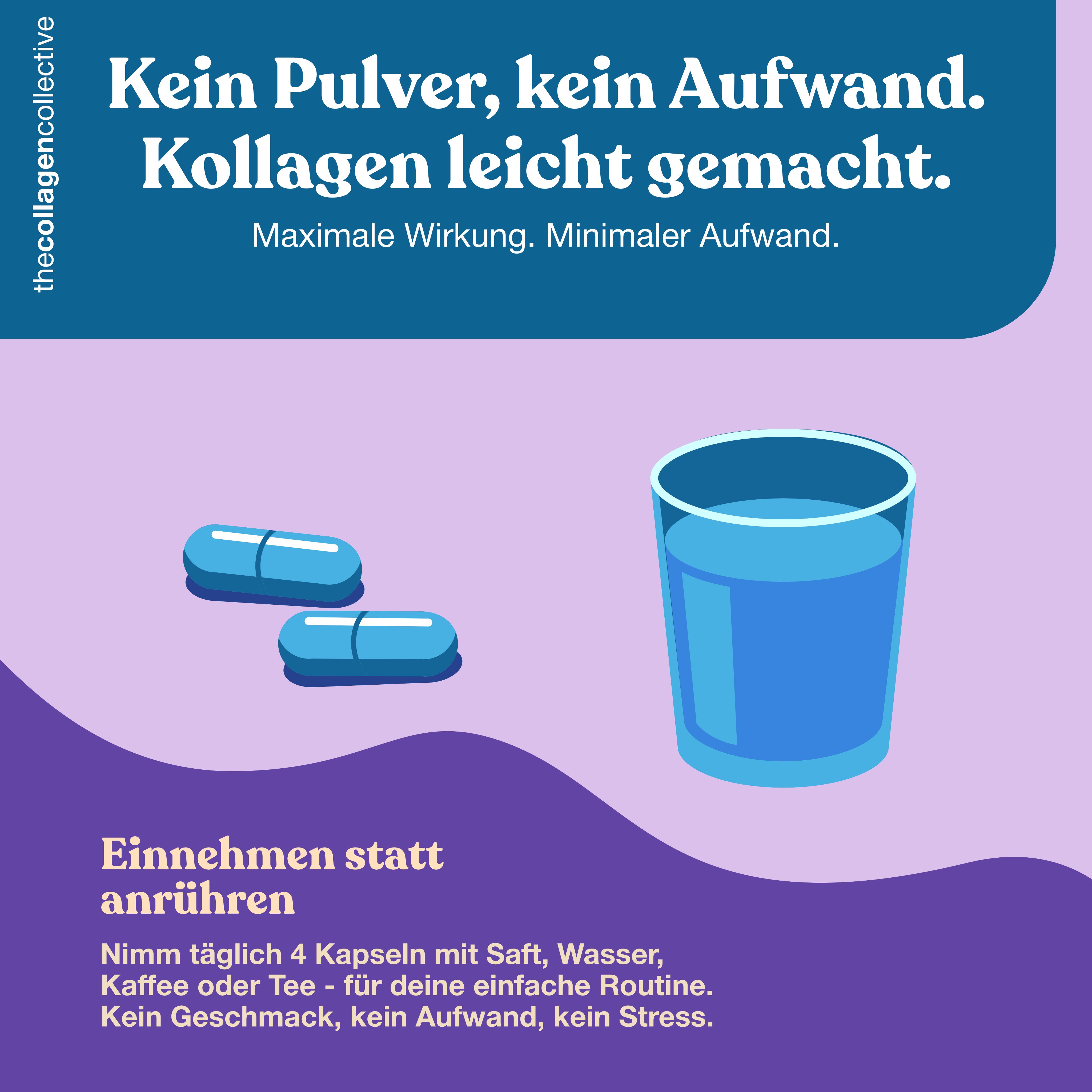 Zwei blaue Kapseln neben einem Glas Wasser. Text: Nimm täglich 4 Kapseln mit Saft, Wasser, Kaffee oder Tee.