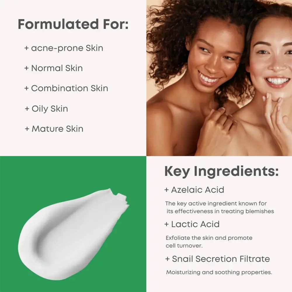 Zwei Frauen lächeln. Text: Formuliert für: Akne-anfällige Haut, normale Haut, Mischhaut, fettige Haut, reife Haut. Inhaltsstoffe.