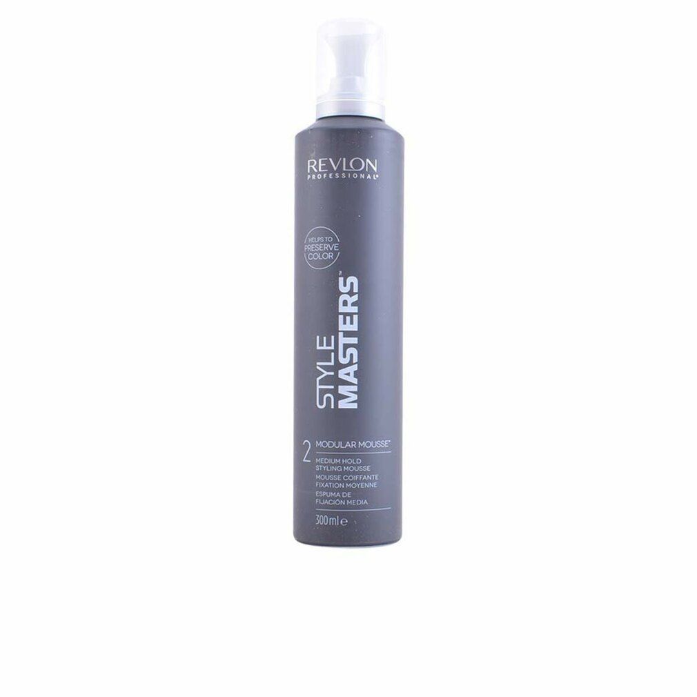 Revlon Style Masters Modular Mousse Flasche. Schwarz mit weißem Sprühkopf. Text: Style Masters, Modular Mousse, 300ml.