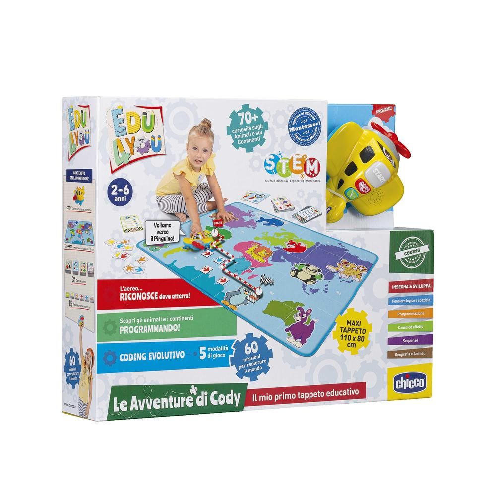 Verpackung mit Spielzeugflugzeug. Enthält eine Spielmatte mit Weltkarte, ein gelbes Flugzeug und Zubehör. Das Produkt ist für Kinder von 2-6 Jahren geeignet.