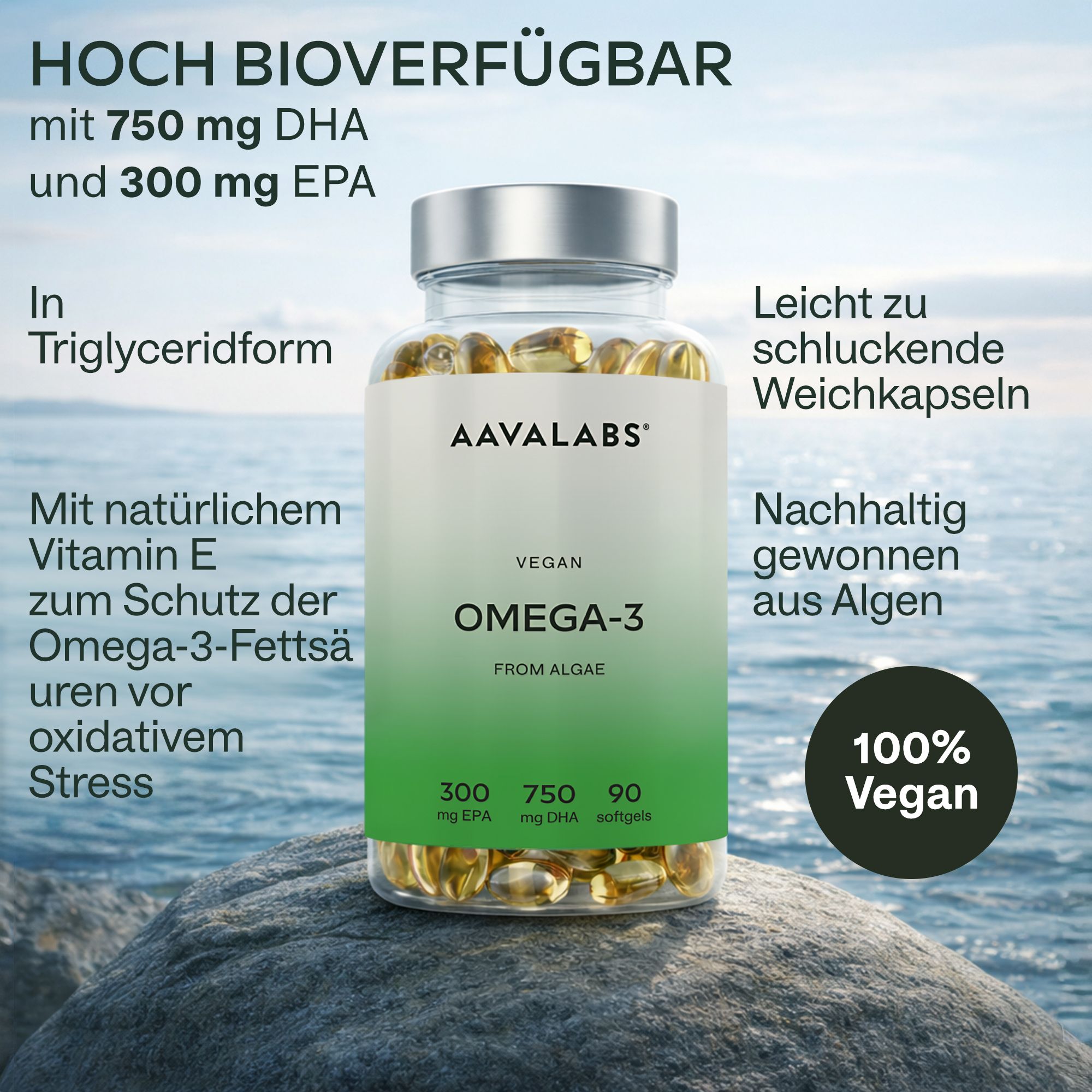 Flasche mit Omega-3-Kapseln und Text. Enthält Informationen über DHA, EPA, Triglyceride und Vegan.