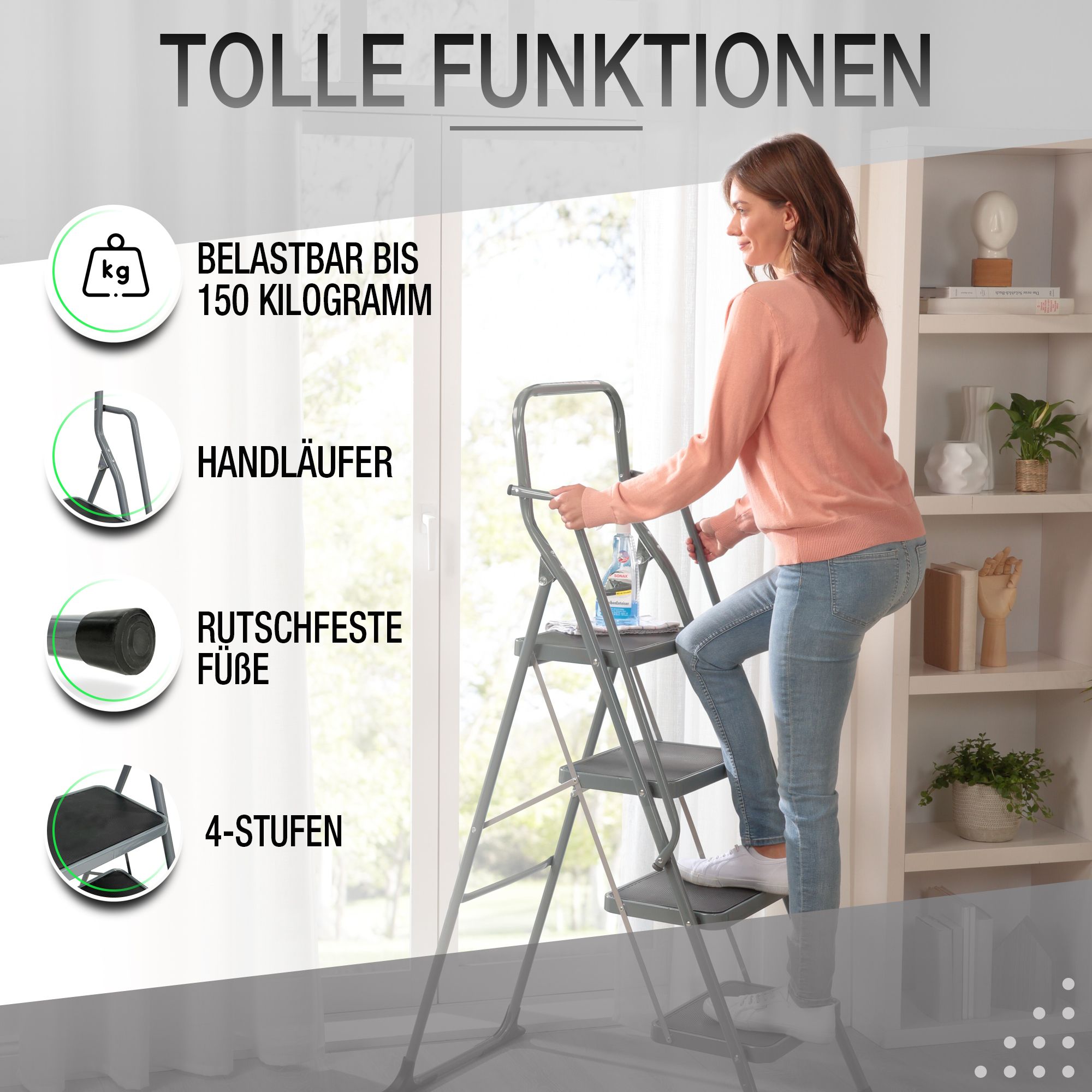 ELONEO Stehleiter 4 Stufen extra dicke Handläufe, rutschsichere & große Trittflächen