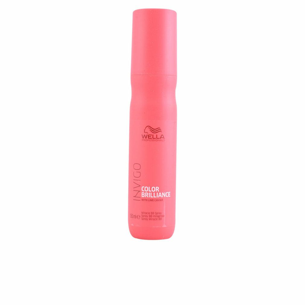 Rosa Sprühflasche. Aufschrift: Wella Invigo Color Brilliance. Logo. Flasche steht aufrecht.