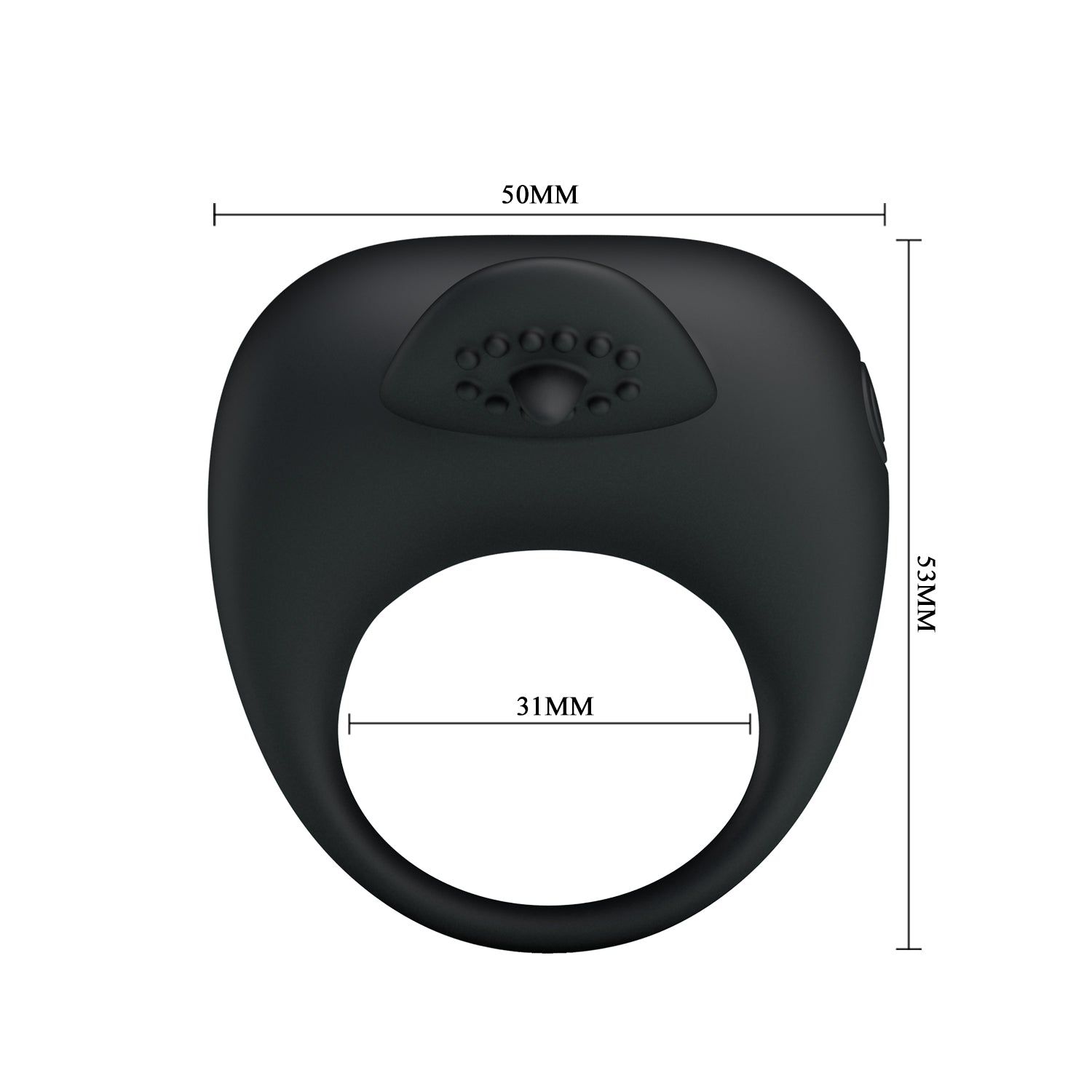 Schwarzer Ring mit Maßen: 50x53x31mm. Erhabenes Element mit Noppen. Ringförmige Öffnung. Auf der Oberseite befinden sich Noppen.