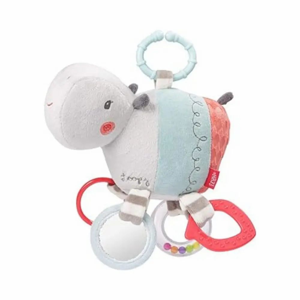 Nilpferd-Kuscheltier mit Spiegel, Ringen und Beißring. Farben: Grau, Blau, Rot. Mit Aufhängering.