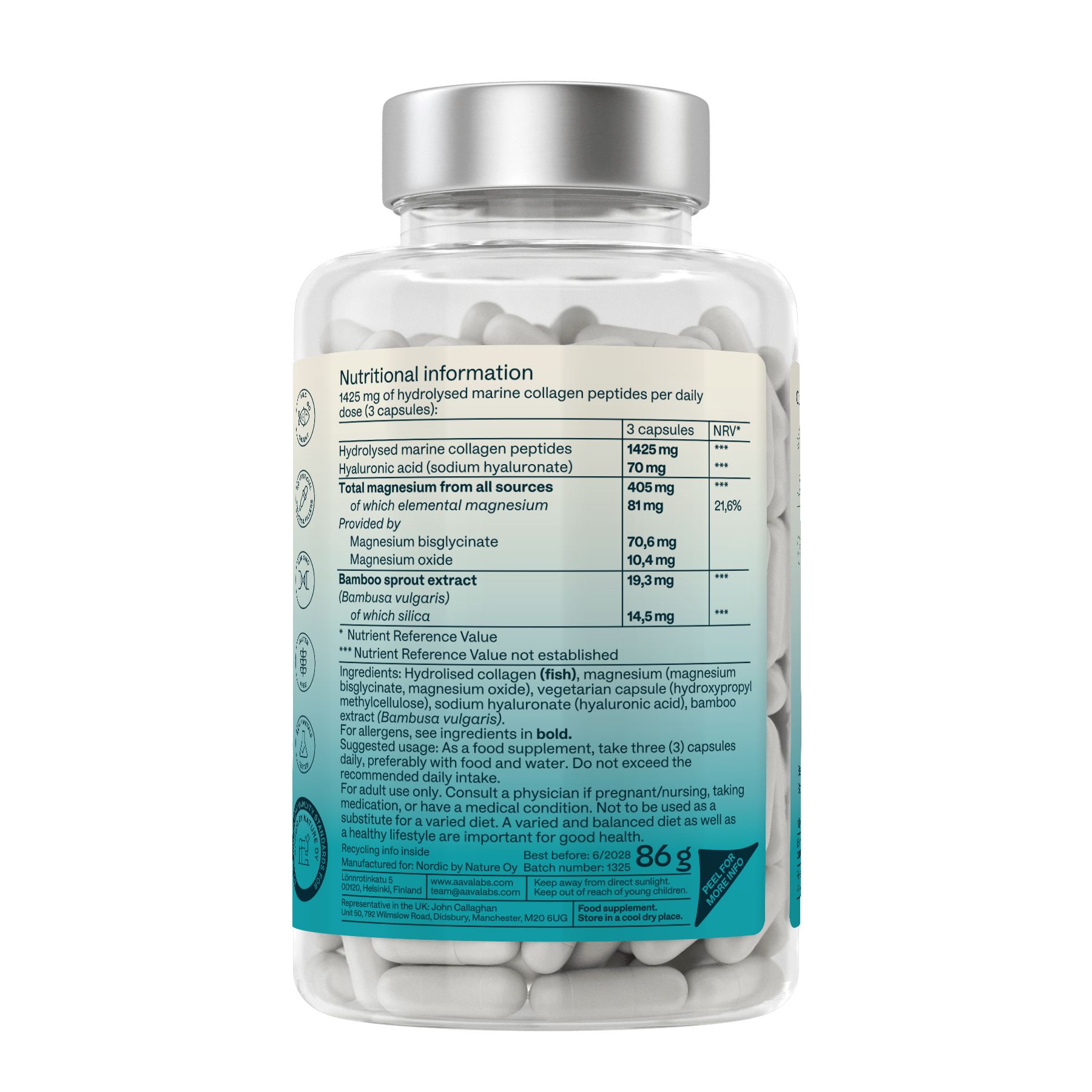 Rückseite der Flasche mit Nährwertangaben. Enthält hydrolysiertes Marine Collagen, Hyaluronsäure und Magnesium. 86g.