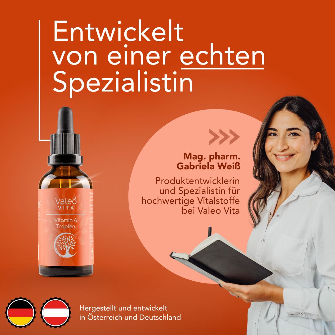 Produktflasche neben Frau. Text: "Entwickelt von einer echten Spezialistin". Flaggen: Deutschland, Österreich.