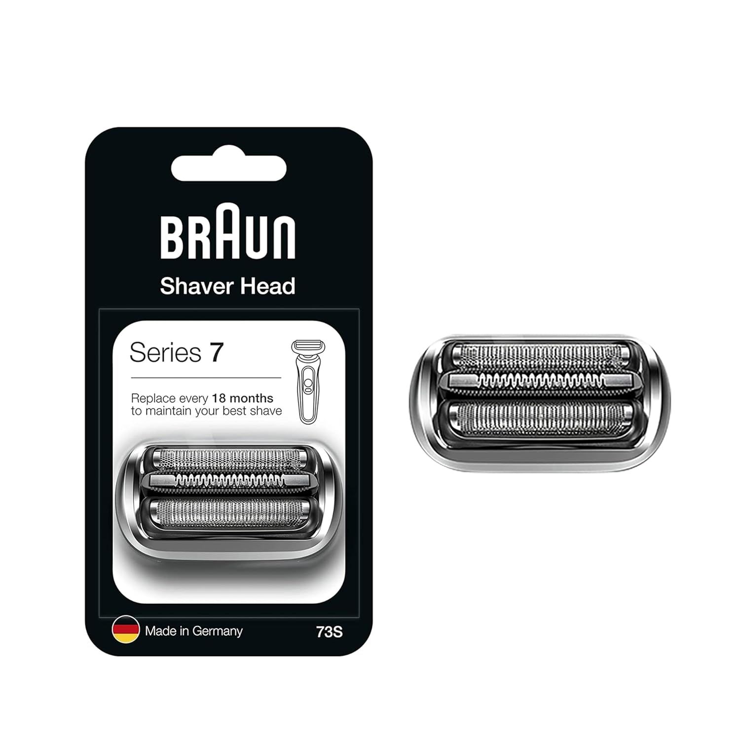 Braun Series 7 Scherkopf. Schwarze Verpackung mit Produktabbildung. Text: Braun, Shaver Head, Series 7, Made in Germany. Einzelner Scherkopf.
