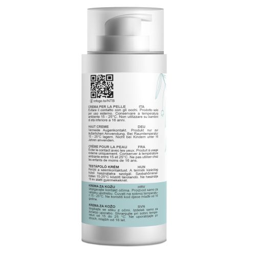 Rückseite der Creme-Flasche mit Text in verschiedenen Sprachen. QR-Code und Textabschnitte.