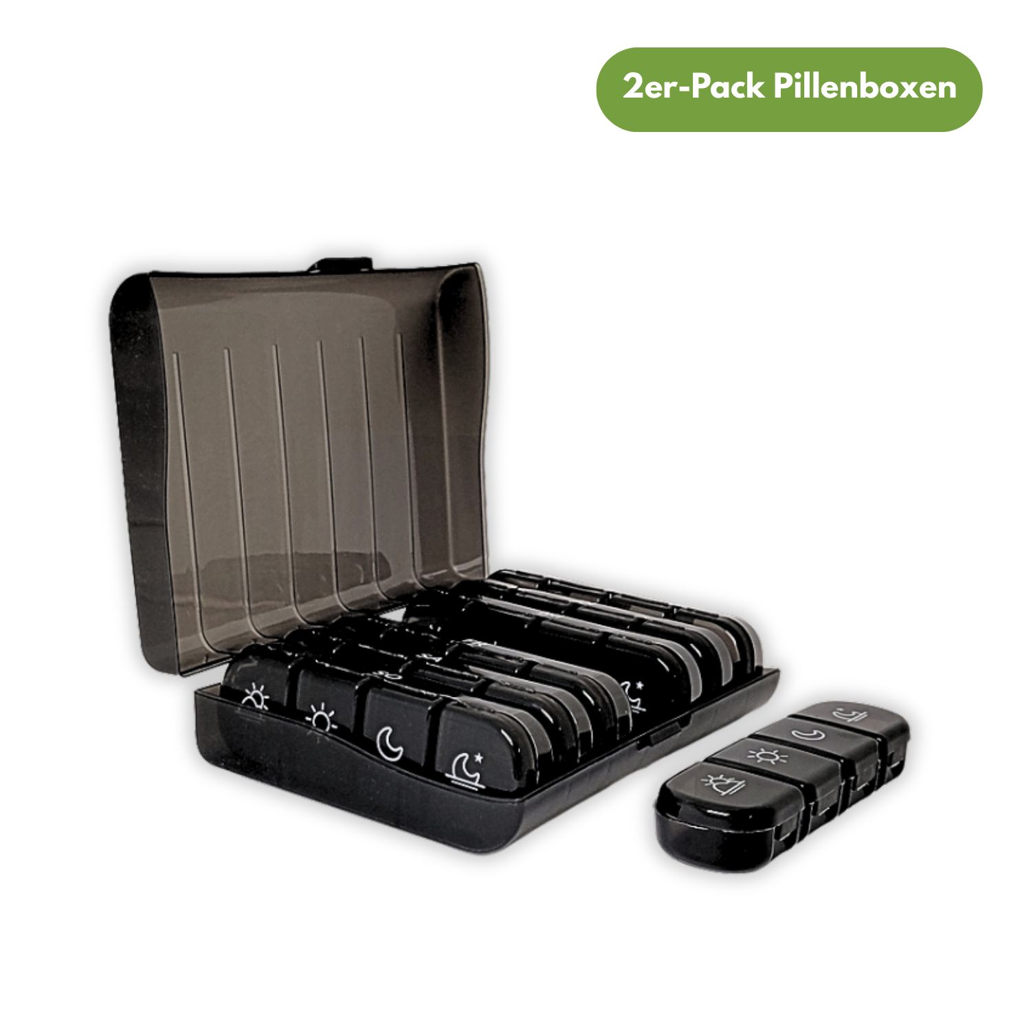Schwarze Tablettenbox, geöffnet, mit 7 Fächern. Ein separates Fach daneben. Aufschrift: 2er-Pack Pillenboxen.
