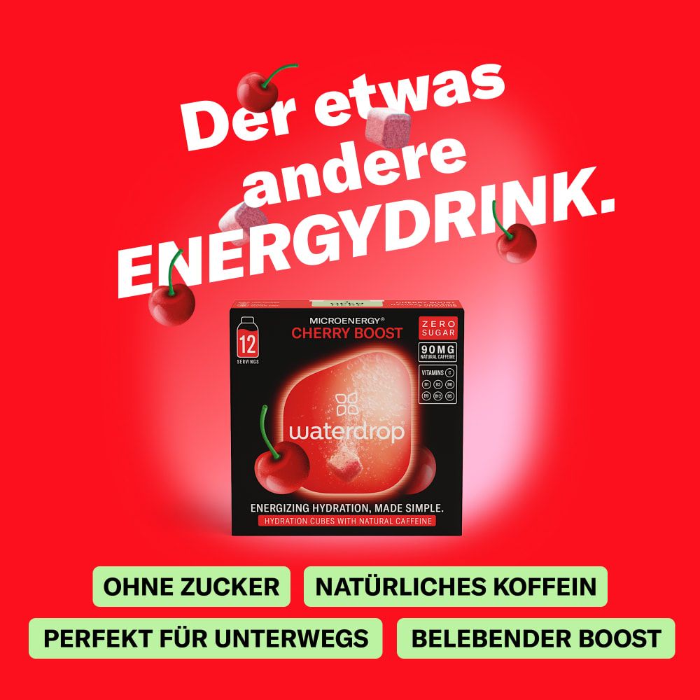 Packung waterdrop® Microenergy Cherry Boost auf rotem Hintergrund mit Text.
