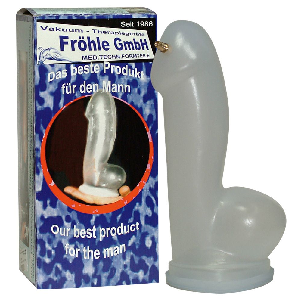 Produkt und Verpackung. PenisZylinder XL neben Box. Box mit Logo, Text und Produktabbildung. Transparentes Material.
