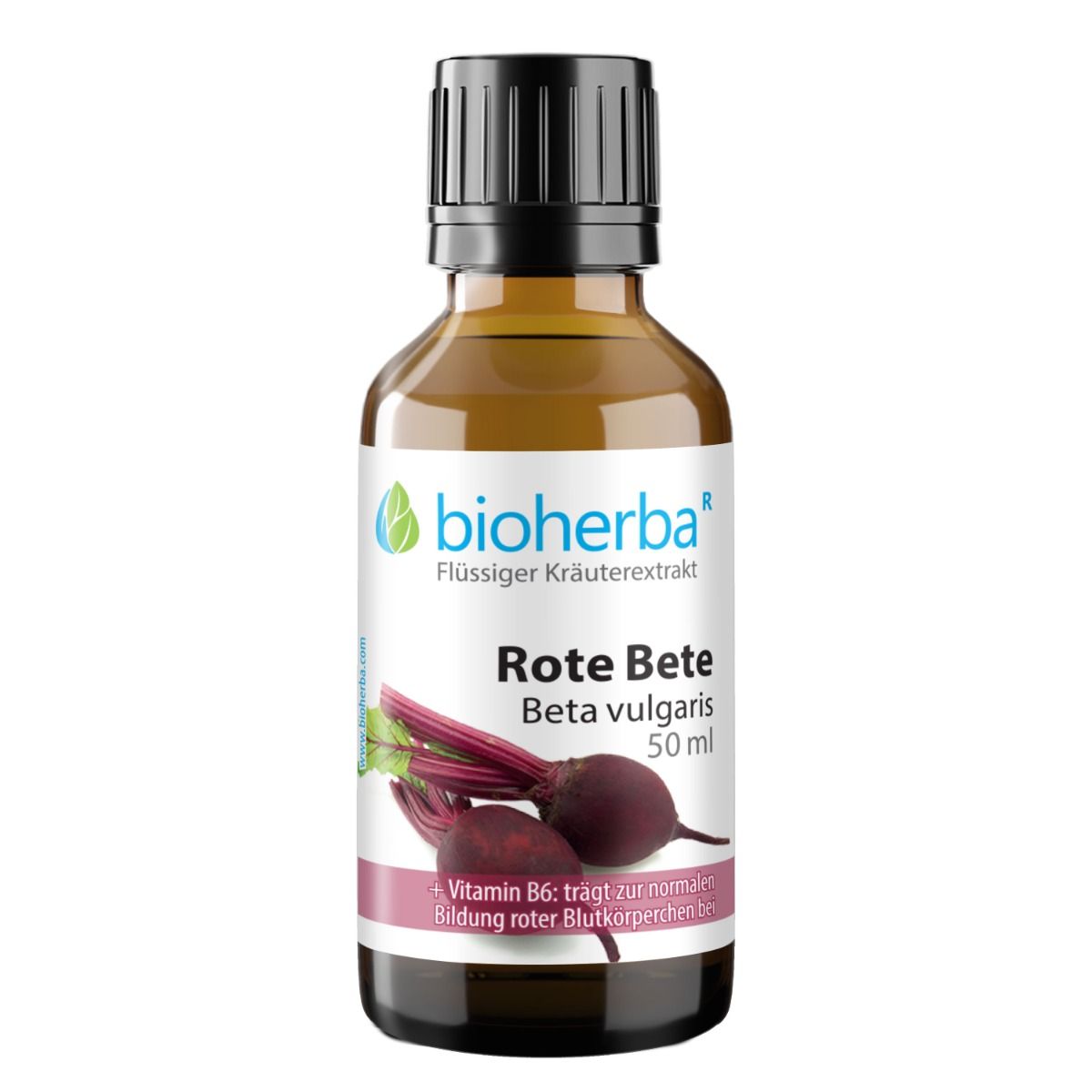 Braune Glasflasche mit schwarzem Deckel. Etikett mit Produktname, Abbildung von Rote Bete und Logo.