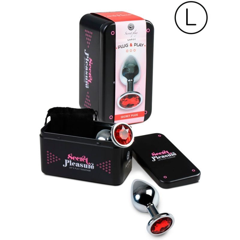 Analplug in schwarzer Dose. Dose mit Produktabbildung und Text. Größe L. Produktname: Secret Play.