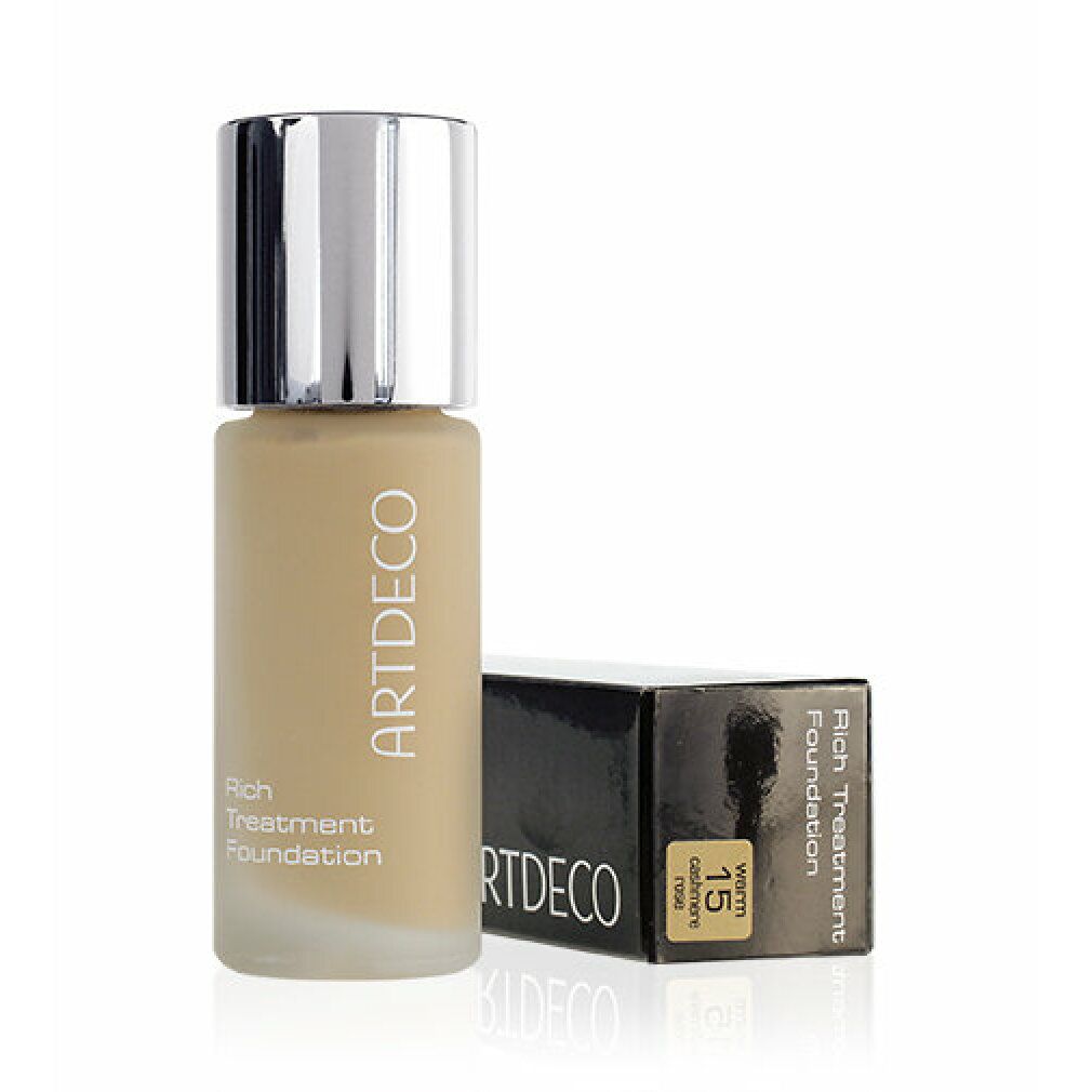 Artdeco Rich Treatment Foundation. Flasche und Schachtel. Produktname und Marke sichtbar. Farbton: 15 Cashmere Rose.