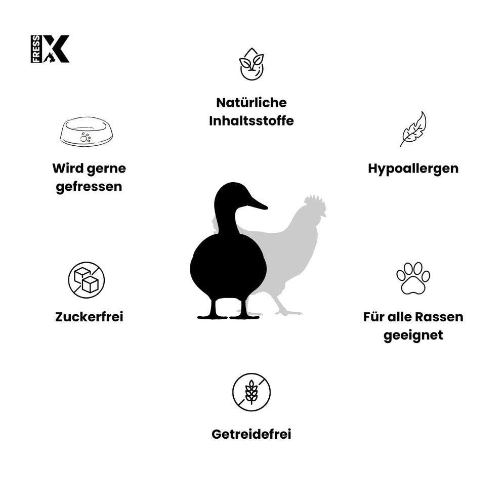 Kreisförmige Anordnung von Icons. Ente und Huhn-Silhouette. Text: Natürliche Inhaltsstoffe, Hypoallergen, Zuckerfrei, Getreidefrei, Für alle Rassen geeignet.