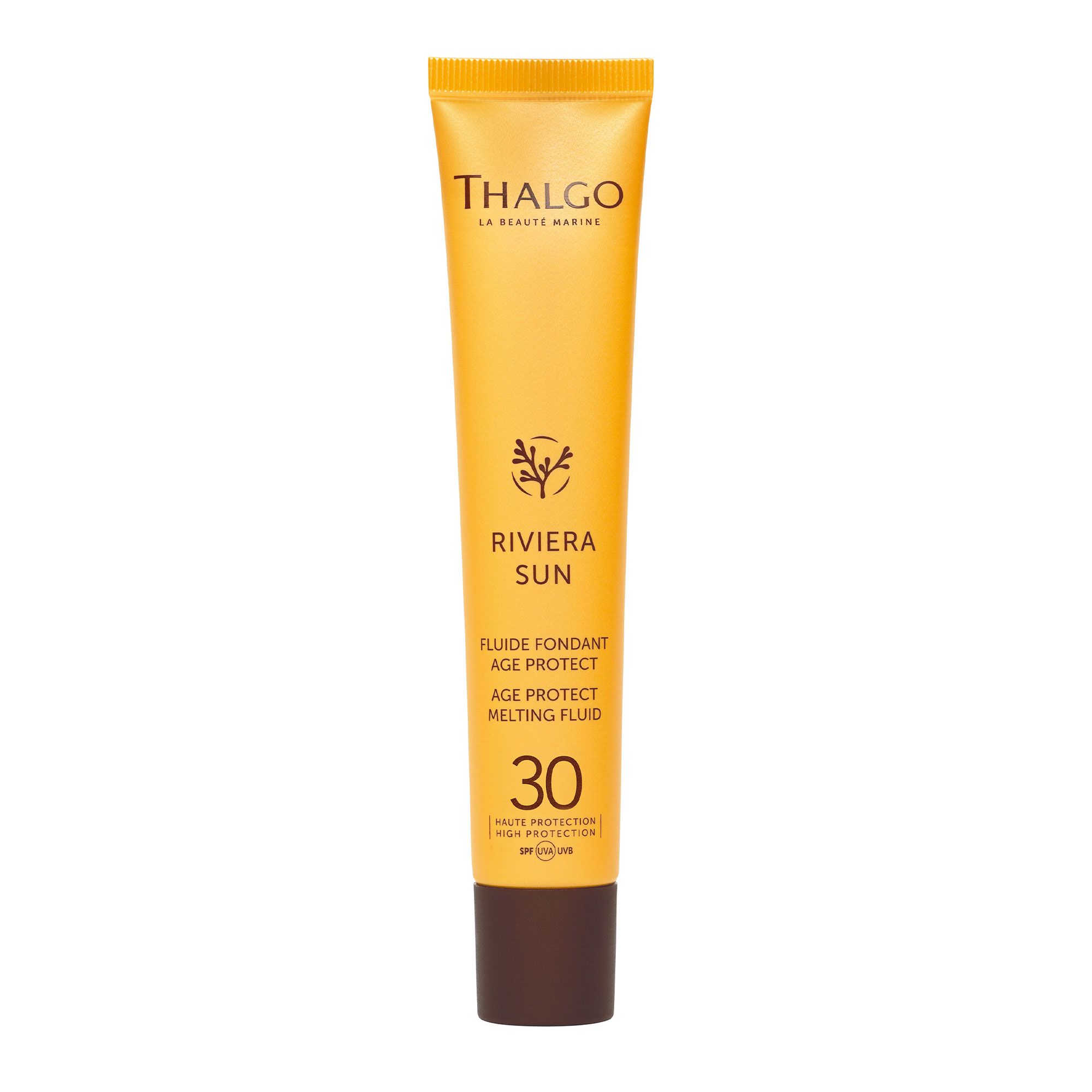 Gelbe Tube mit THALGO Riviera Sun Sonnenschutz-Fluid LSF 30. Brauner Verschluss, Produktbezeichnungen und Logo.
