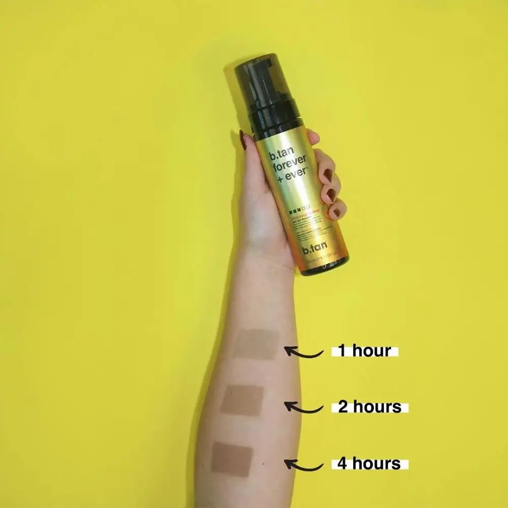 Arm mit drei Selbstbräunungstests. Text: 1 Stunde, 2 Stunden, 4 Stunden. Flasche mit schwarz-goldener Verpackung. Text: b.tan forever + ever.