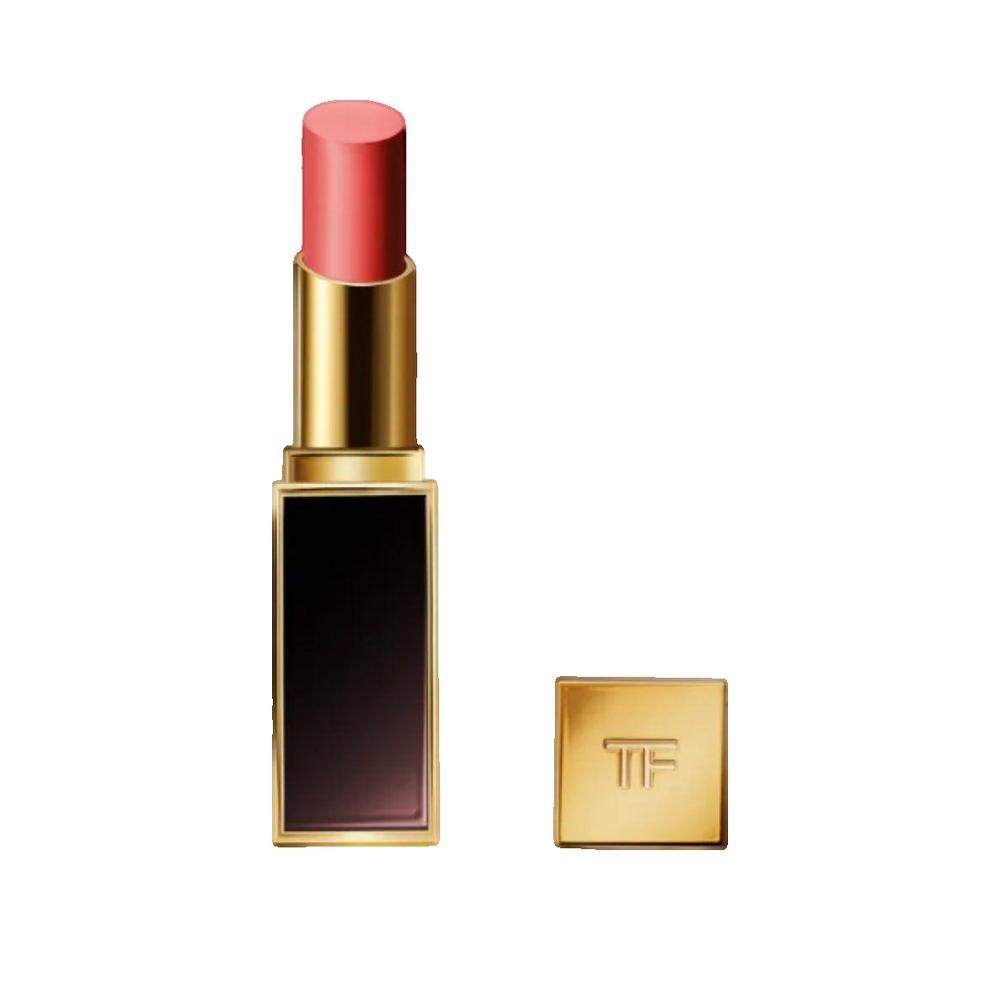 Lippenstift mit goldfarbenem Gehäuse und schwarzem Boden. Der Lippenstift ist rosa. Daneben liegt die goldene Kappe mit TF-Logo.