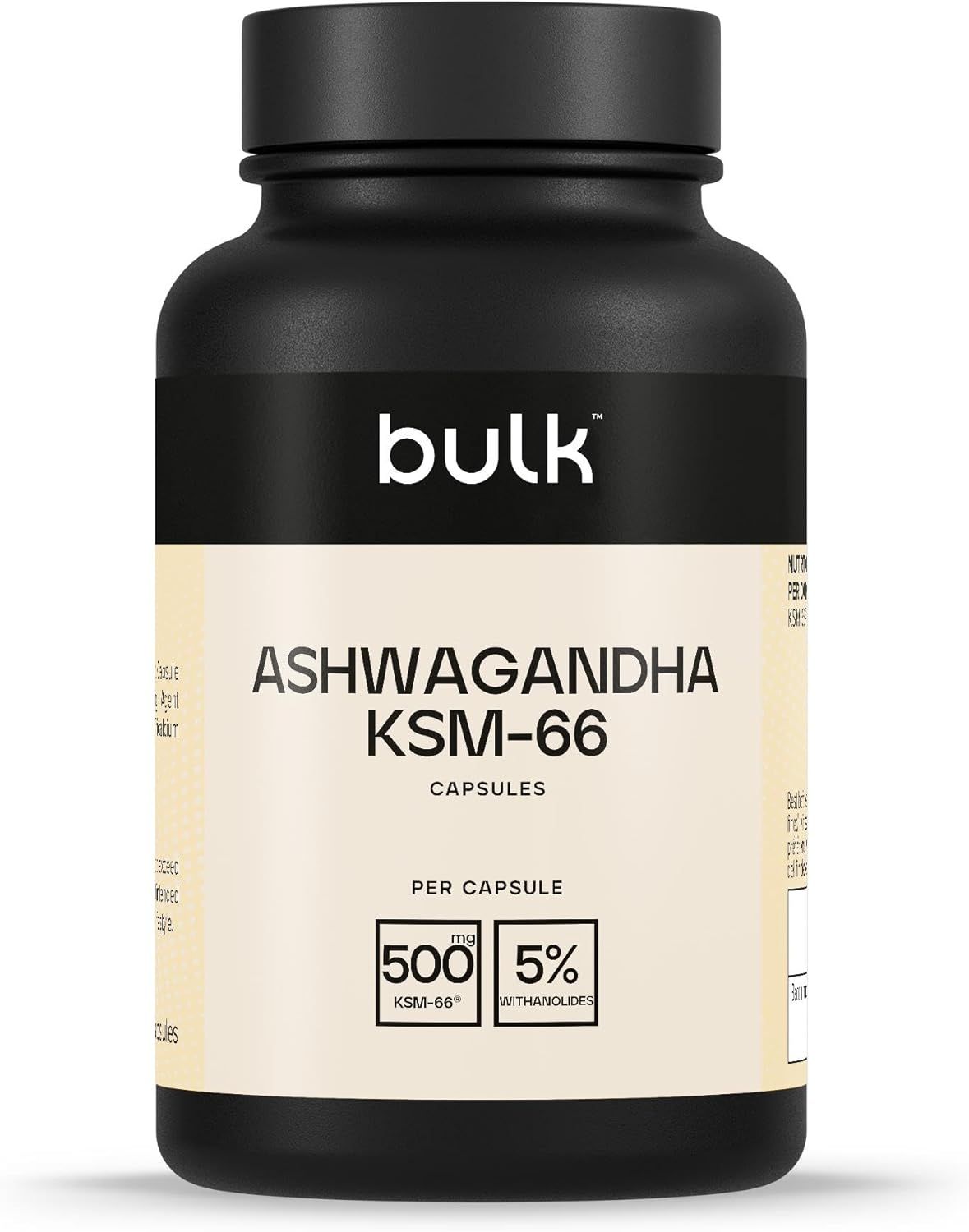 Schwarze Flasche mit weißem Etikett. Aufschrift: Ashwagandha KSM-66 Kapseln. Enthält 500mg pro Kapsel. Marke: bulk.