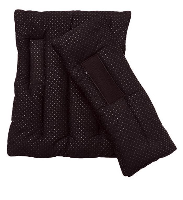 Schwarzes, gepunktetes Bandagierkissen-Set. Besteht aus einem quadratischen Kissen und einem länglichen Kissen mit Klettverschluss.