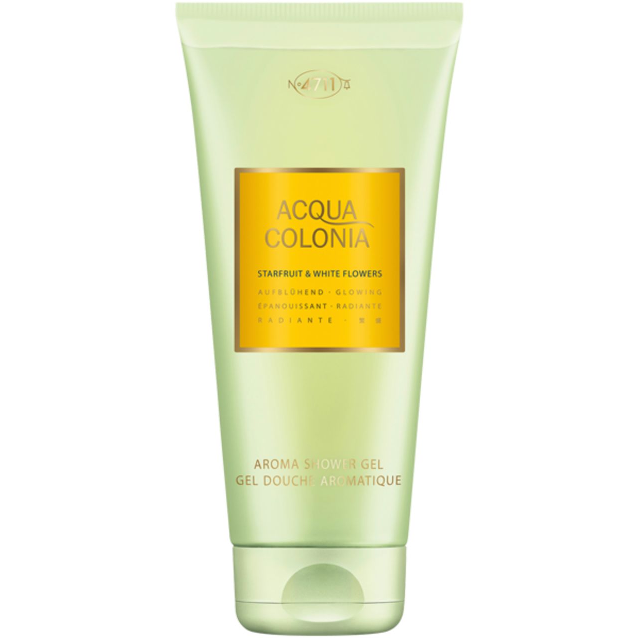 Grünes Duschgel. Aufschrift: Acqua Colonia, Starfruit & White Flowers. Aroma Shower Gel.
