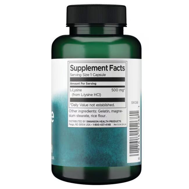 Rückseite der grünen Flasche. Weißes Etikett mit Nährwertangaben: L-Lysin 500 mg.