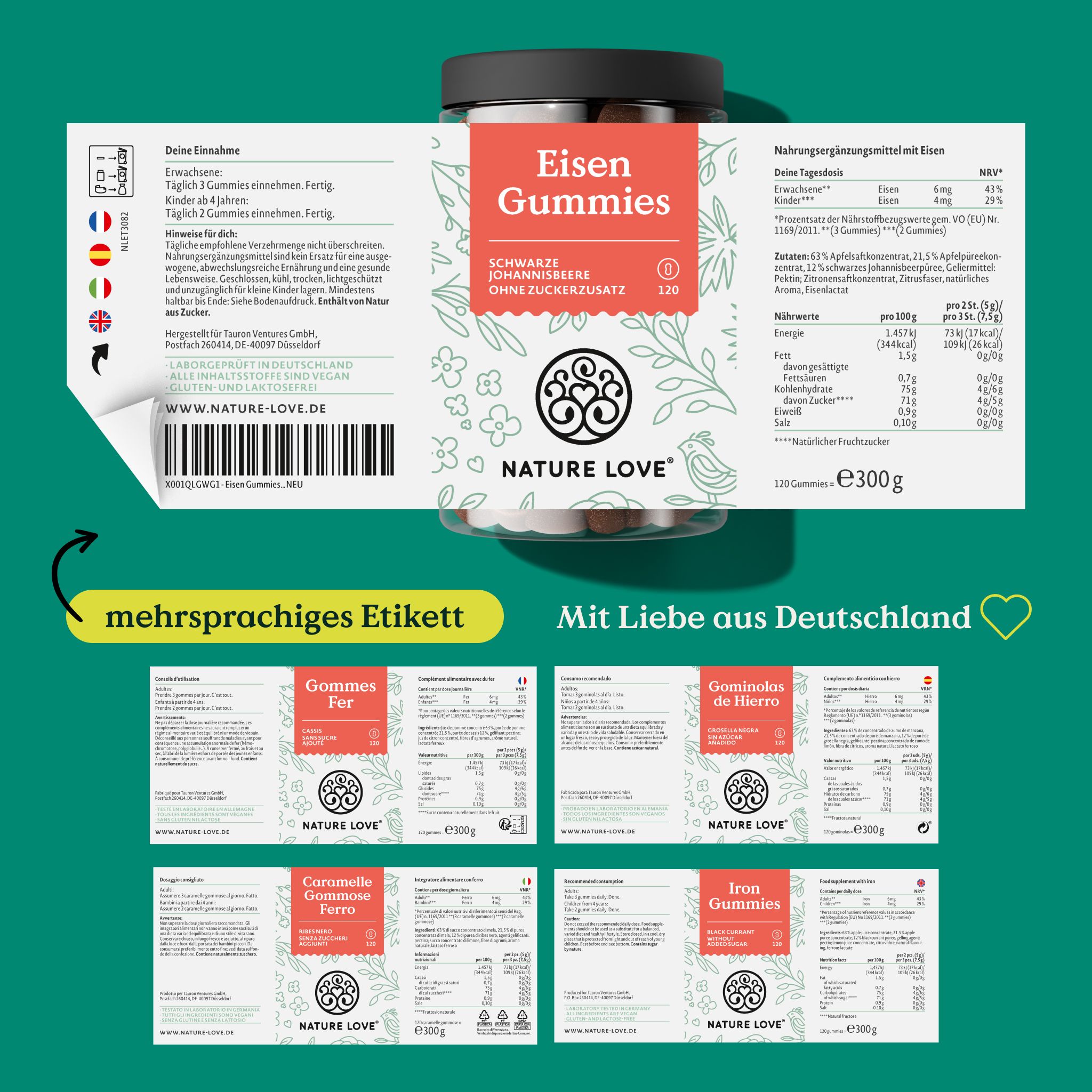Produktetikett mit Informationen in mehreren Sprachen. Enthält "Eisen Gummies", Nährwertangaben und Logo NATURE LOVE®.